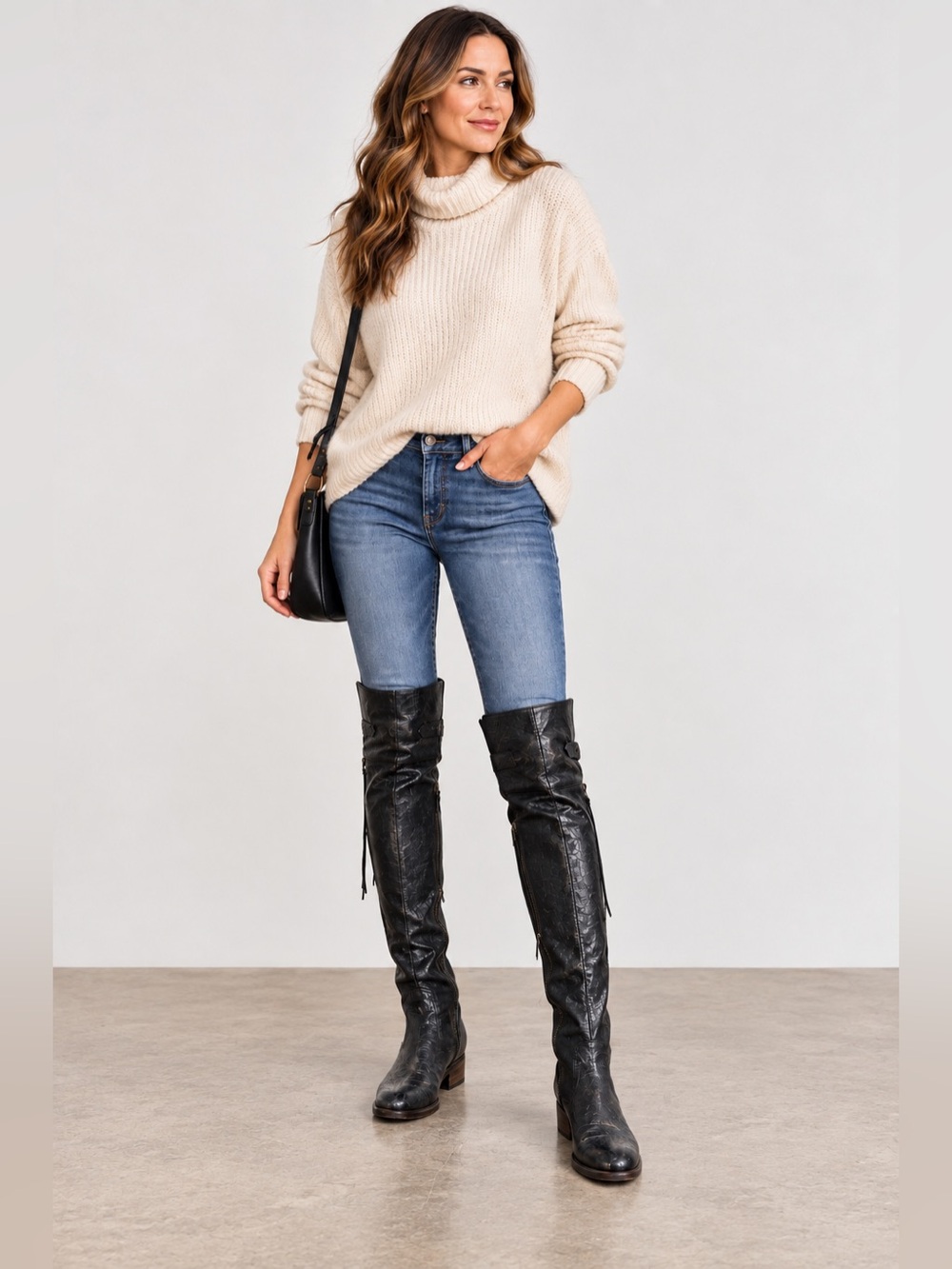 UGG Collection Nicoletta Tall Over the Knee Weave Leather Black Boots Italy 8.5